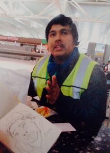Mishu, who has an MA in social development from the University of Dahka, Bangladesh, works as a janitor at JFK airport. He tries to work on independent projects every fifteen days. Photo: Gabriela Ceja