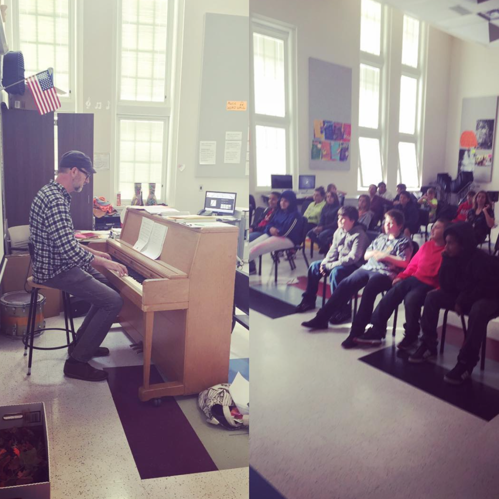 Harnetty performing and talking with students at Oyler Elementary School as part of the Mindful Music Moments program. Cincinnati, Ohio, 2016. Photo: Stacey Sims.
