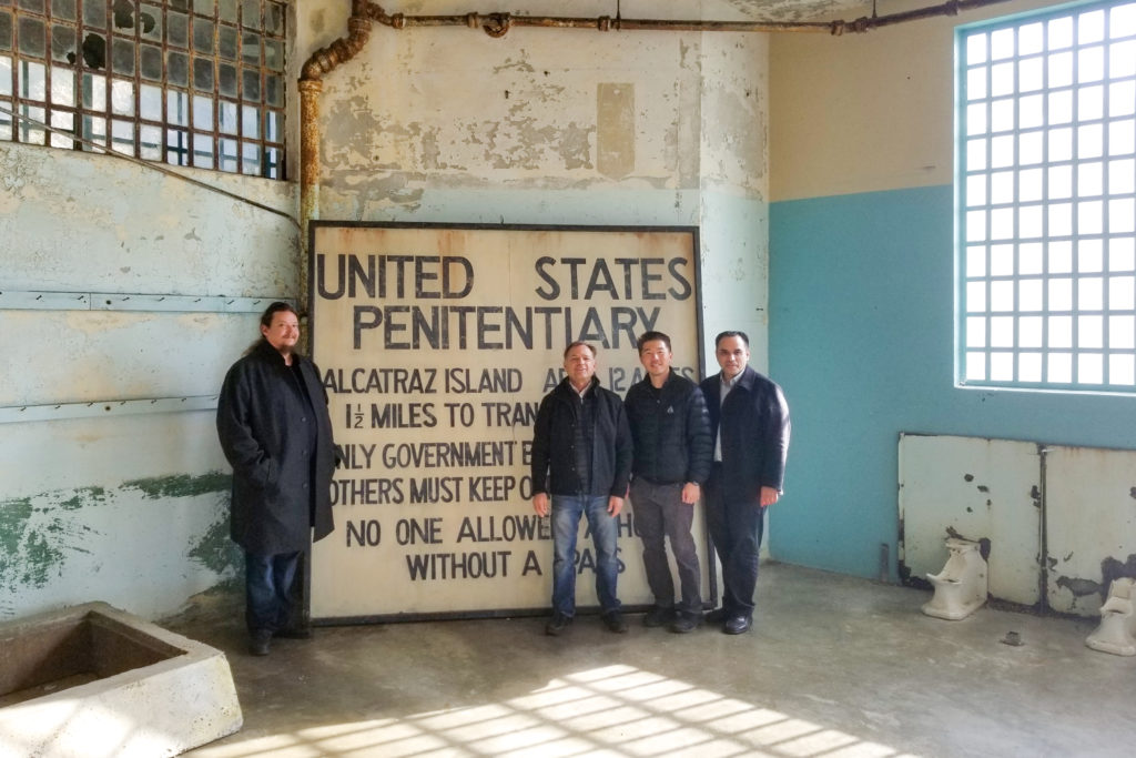 Core project collaborators Ryan Lo, Gregory Sale, Dr. Luis Garcia, and Kirn Kim traveled to Alcatraz to meet with the National Park Service and the nonprofit Golden Gate National Parks Conservancy. Courtesy Gregory Sale. 