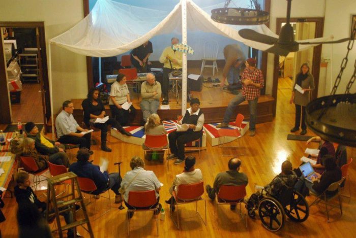 The D.R.E.A.(M.)3 Freedom Revival (2011-2015), rehearsal for revival about aging and displacement, with members of the Ida Benderson Senior Center. Image courtesy the artist.