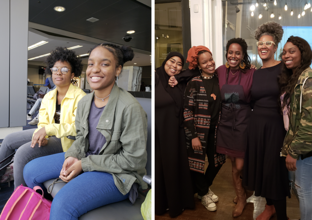 Left: Amaia and Milan Jennings. Right: Jackie Brack (second from left), Khaliah Pitts, Shivon Love, and Our Mothers' Kitchens participants. Images courtesy Jackie Brack.