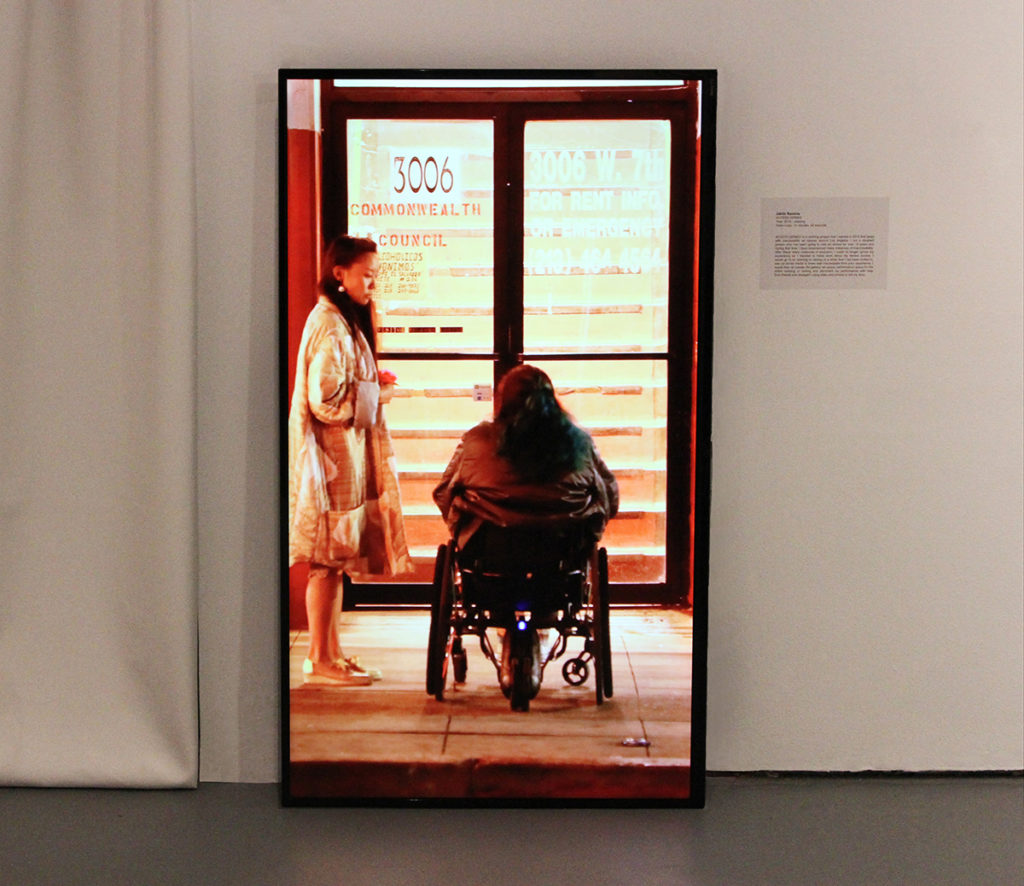 Artist Jaklin Romine’s video Access Denied installed in the exhibition TALK BACK at Flux Factory, which featured works by contemporary artists with disabilities that dismantle systems of ableism.